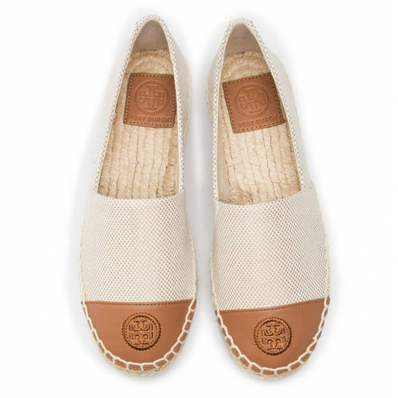 Tory Burch Shoes - Tory Burch Canvas Leather Colorblock Logo Flat Espadrilles in Natural/Ambra